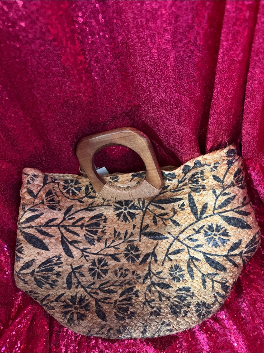 NWT Antik Kraft Keya Jute Floral Tote Bag Boho Wooden Handle - Picture 3 of 4